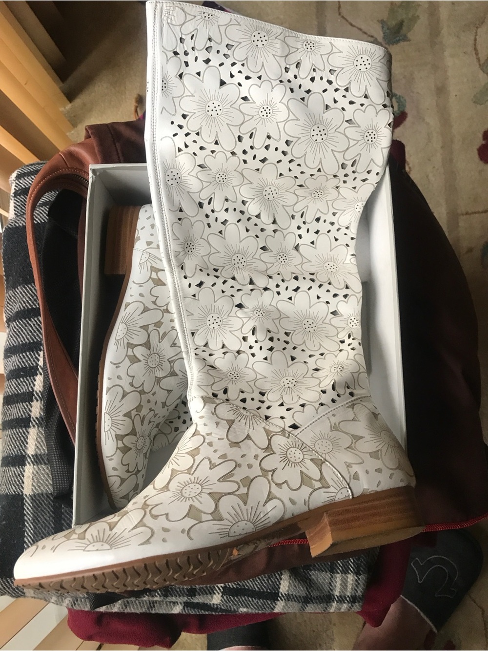 White Floral Laser-Cut Women's Knee Boot Genuine Lather